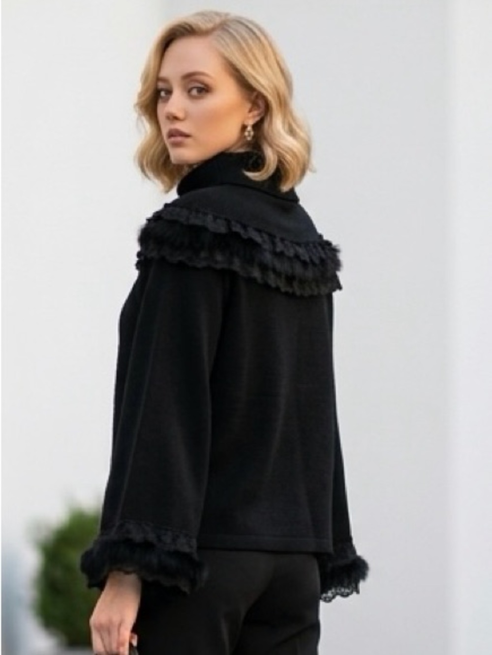 Sophisticated Black Ruffle-Trim Blouse w/ faux FUR trim on cuffs and shoulder